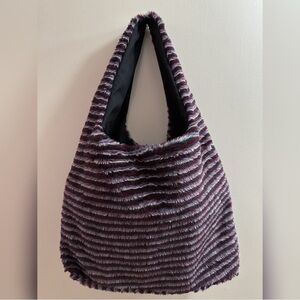Handmade Burgundy Multicolor Stripes White Blue Green Striped Faux Fur Tote Bag